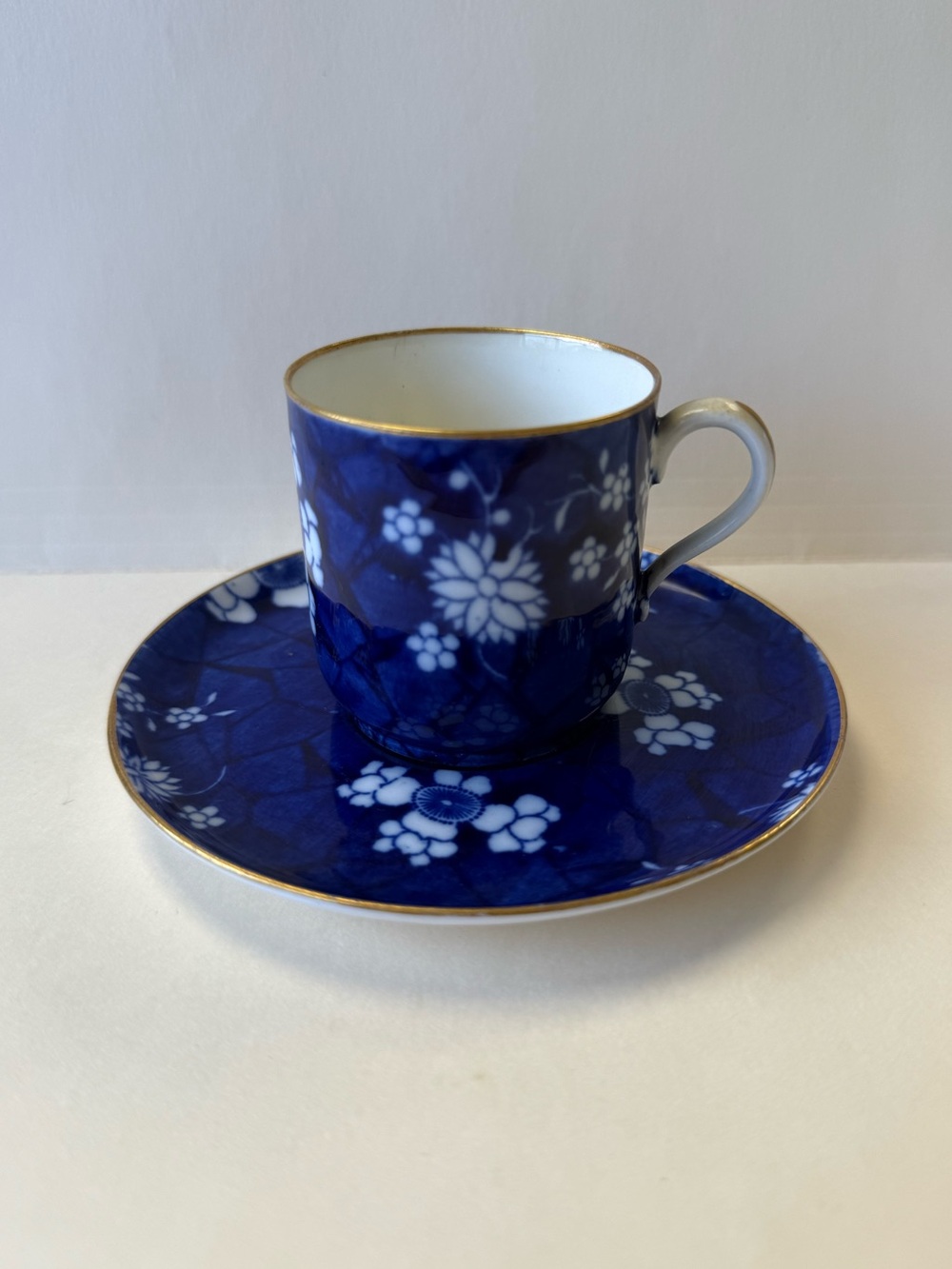 Antique Spode Copeland Blue & White Floral Demitasse Cup & Saucer w/ Gold Trim.